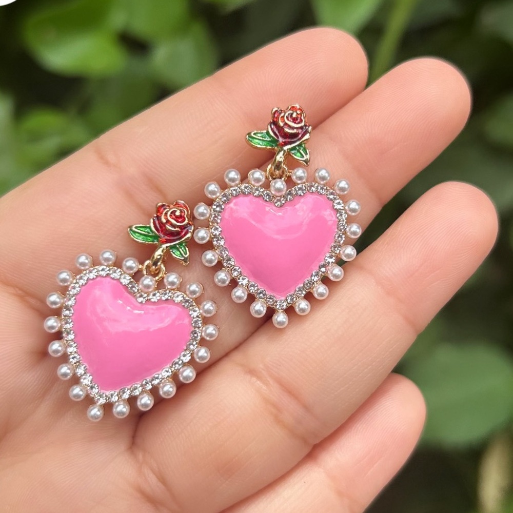 PInk heart rose earrings